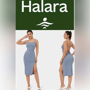 Halara Cut Out Lace Up Back Midi Dress Dusty Blue High Slit Square Neck Small